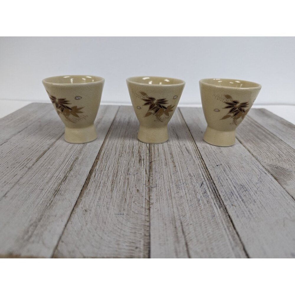 Vintage Set of 3 Large Ceramic Egg Cups Cream Beige Leaves